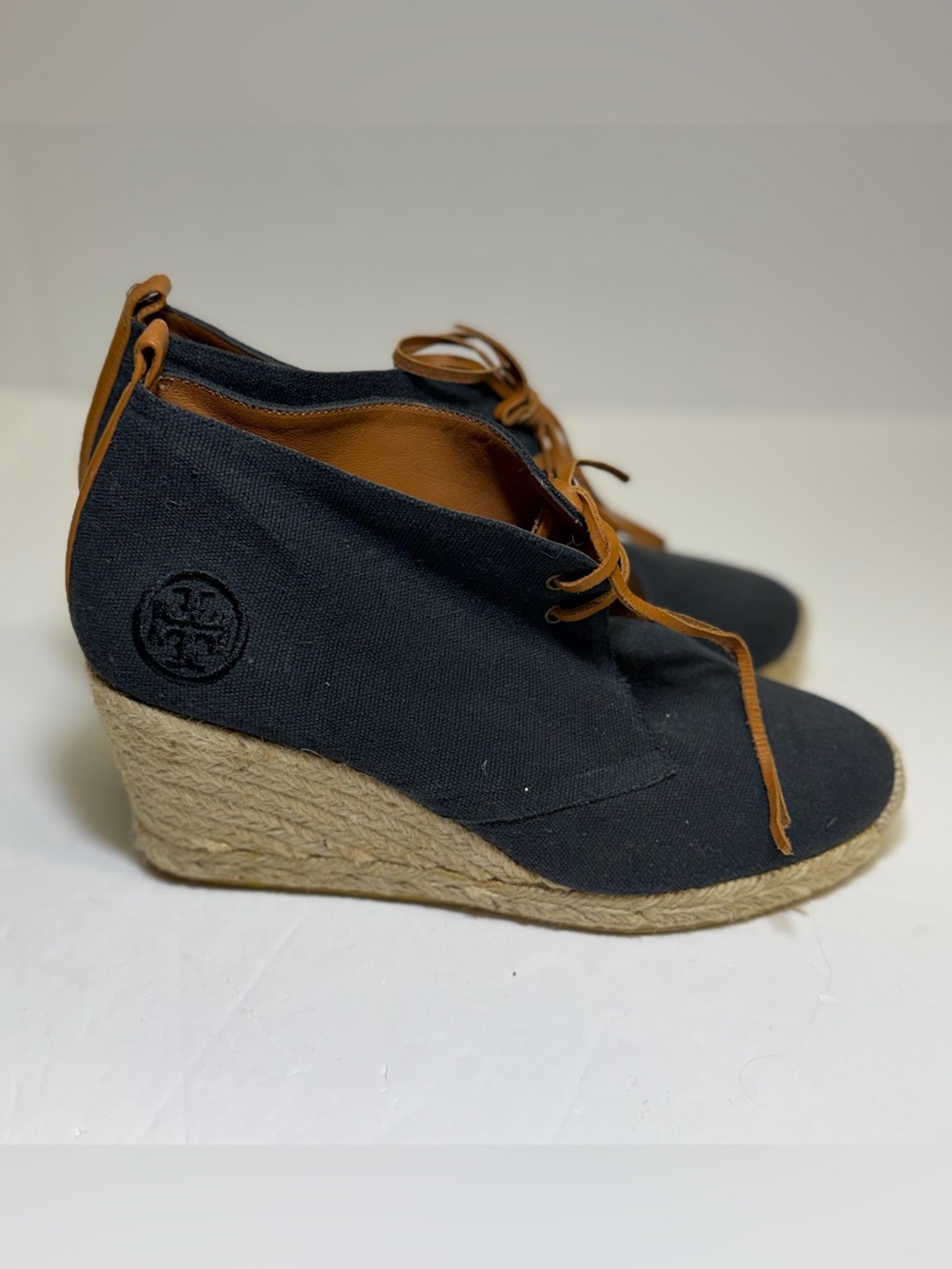 Tory Burch Black Canvas Espadrille Wedges with Tan Leather Trim Size 7